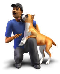 A Sim about to be licked by a dog