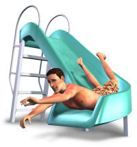 A Sim sliding down a pool slide