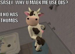 A Sim dressed as a cow stands next to a shower - "Srsly, why u maek me use dis? I no has thumbs."