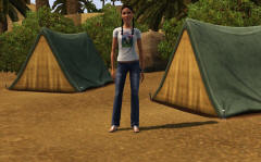 A Sim standing near two tents